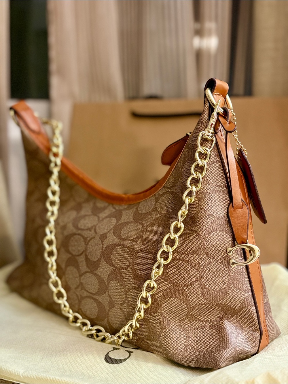 Coach Brown Signature Chain-Handle Shoulder Bag - Picture 5 of 6
